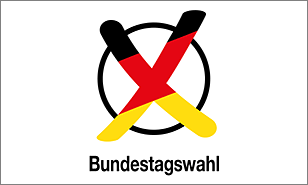 Kreis mit Kreuz in den Farben Schwarz-Rot-Gold und Schriftzug "Bundestagswahl"