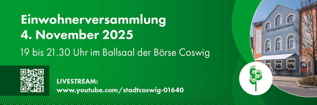 Einwohnerversammlung 4.11.2025, 19 bis 21.30 Uhr im Ballsaal der Börse Coswig