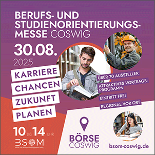 Plakat zur Berufs- und Studienorientierungsmesse Coswig mit jungen Menschen und Daten