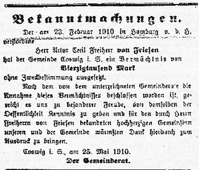 Bekanntmachung Vermächtnis