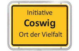 Ortsschild mit Aufschrift "Initiative Coswig- Ort der Vielfalt"